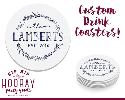 Last Name Floral Wreath Drink Coasters #1631