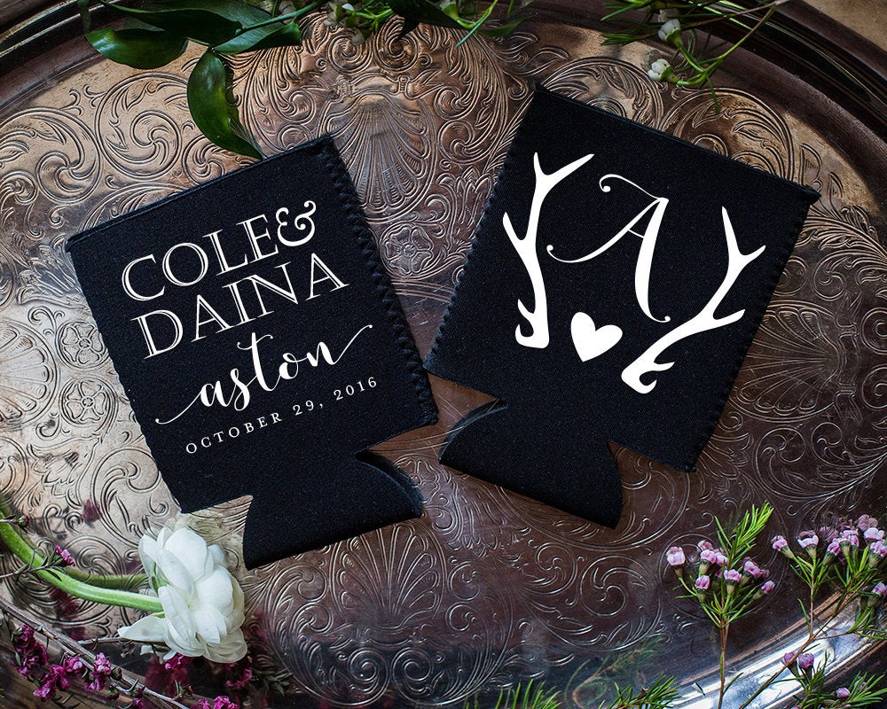 Rustic Wedding Antler Neoprene Can Coolers, #1658