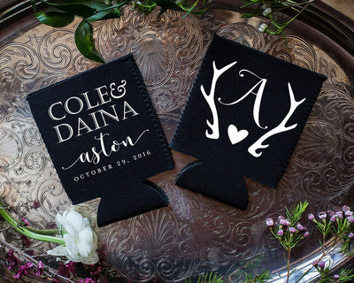 Rustic Wedding Antler Neoprene Can Coolers, #1658