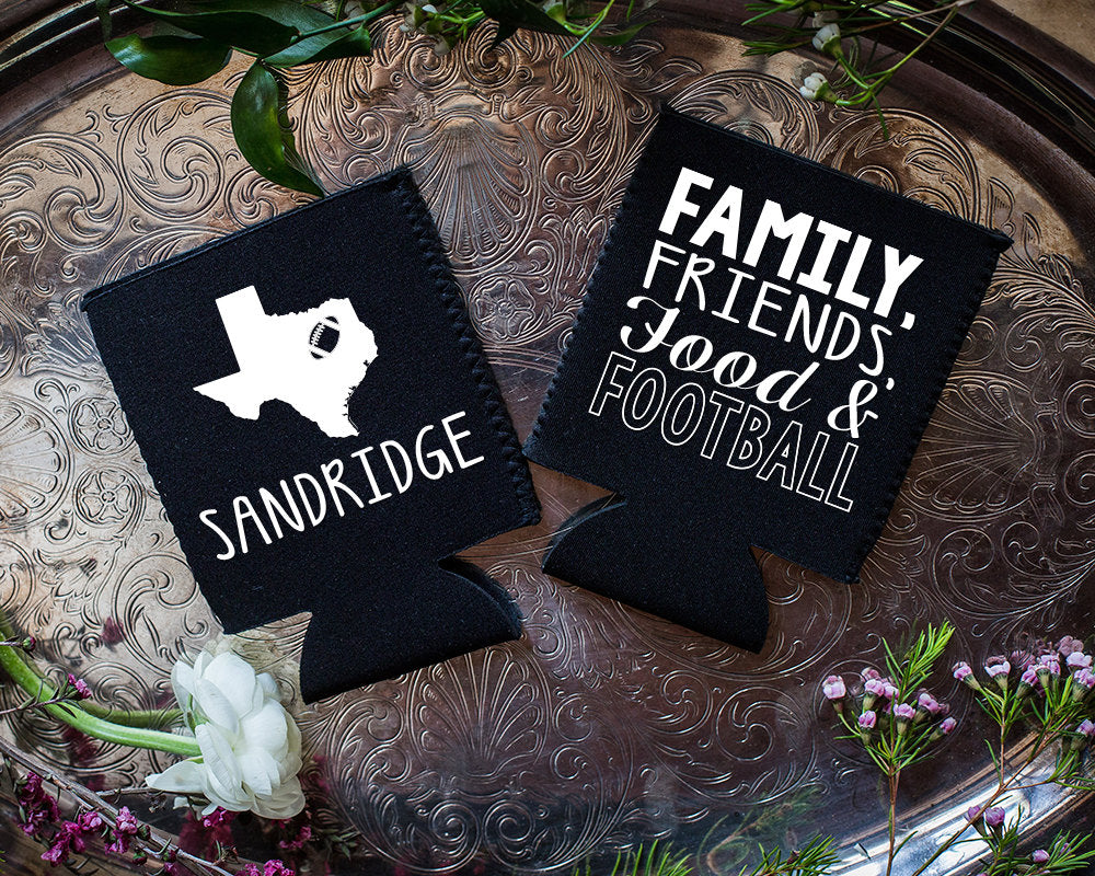Family, Friends, Food Football Custom Neoprene Tailgate Super Bowl Can Coolers 1670