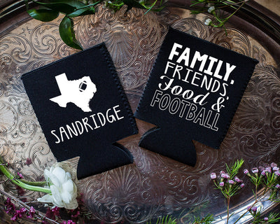 Family, Friends, Food Football Custom Neoprene Tailgate Super Bowl Can Coolers 1670