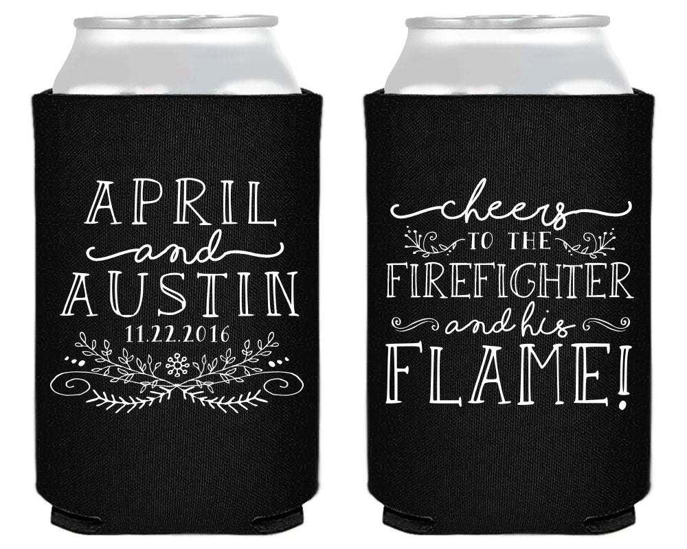 Firefighter and His Flame Wedding Can Coolers #1574