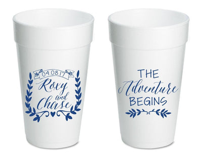 The Adventure Begins Monogrammed Wedding Foam Cup Design #1680