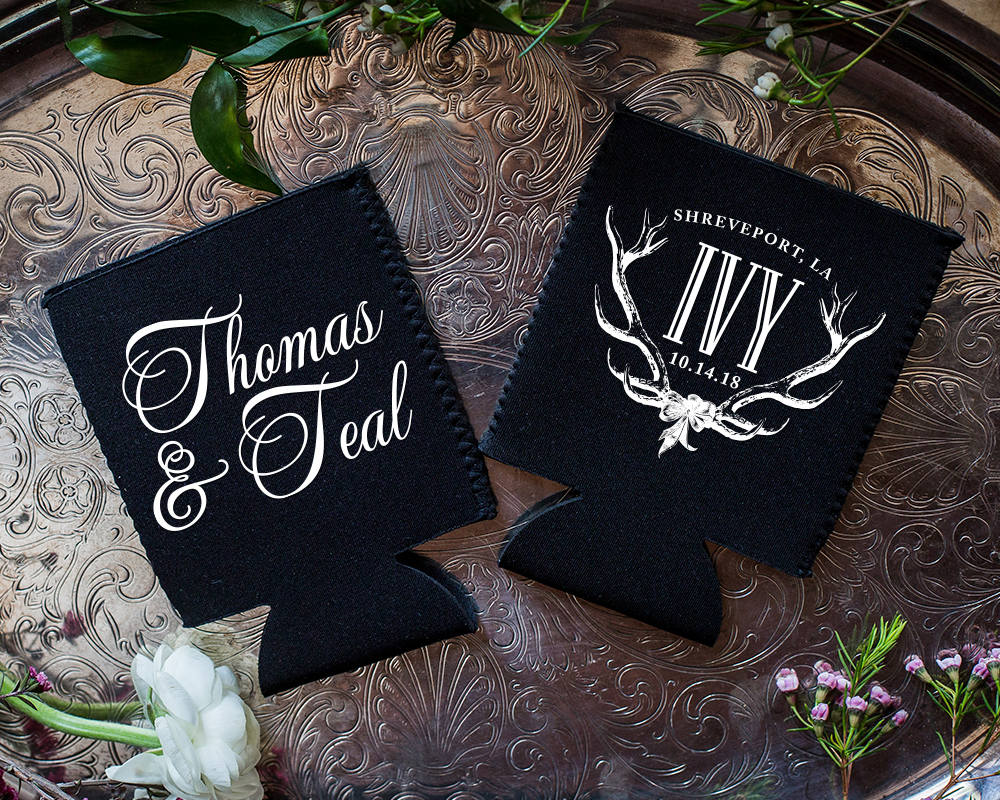 Rustic Antler Wedding Neoprene Can Coolers #1823