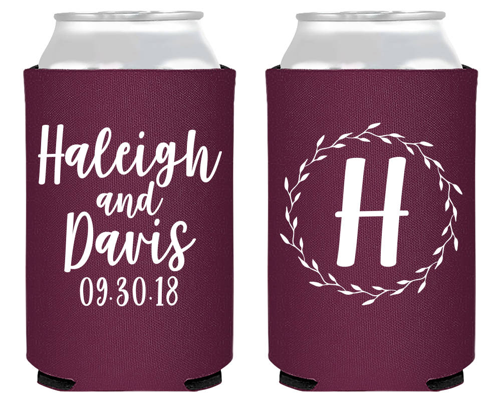 Wreath Monogram Wedding Can Coolers #1869