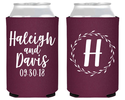 Wreath Monogram Wedding Can Coolers #1869