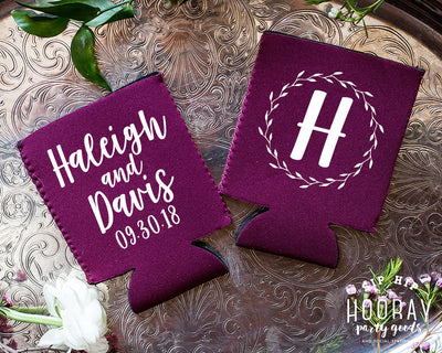 Wreath Monogram Wedding Can Coolers #1869