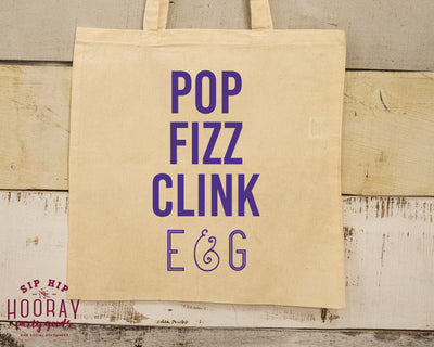 Pop Fizz Clink Wedding Monogram Welcome Tote Bag for Champagne in Hotel Room 1884