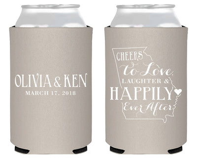 Cheers To Love Laughter and Happily Ever After Neoprene Wedding Can Coolers, #1888