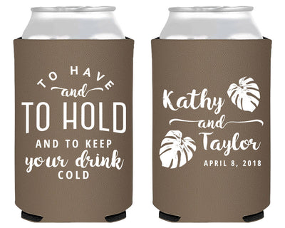 To Have And To Hold Tropical Wedding Can Cooler Design #1824