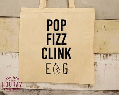 Pop Fizz Clink Wedding Monogram Welcome Tote Bag for Champagne in Hotel Room 1884