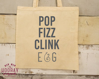Pop Fizz Clink Wedding Monogram Welcome Tote Bag for Champagne in Hotel Room 1884