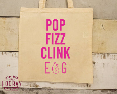 Pop Fizz Clink Wedding Monogram Welcome Tote Bag for Champagne in Hotel Room 1884
