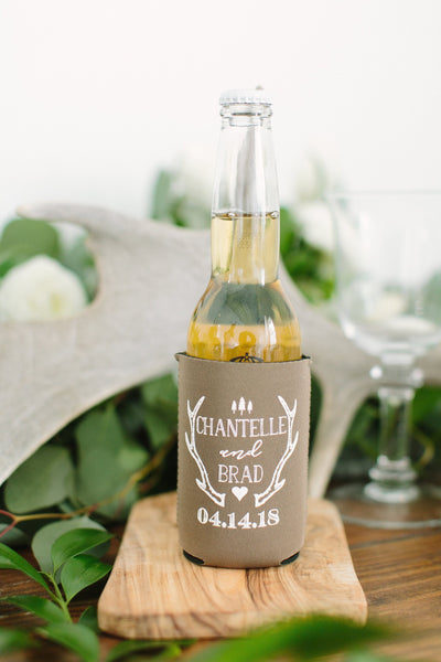 Rustic Antler Wedding  Neoprene Can Coolers, #1925