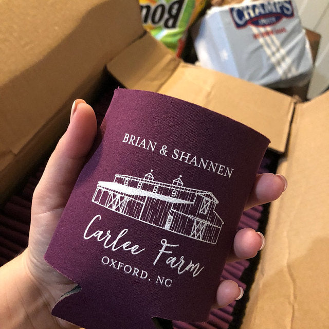 Custom Wedding Venue Drawing Can Coolers
