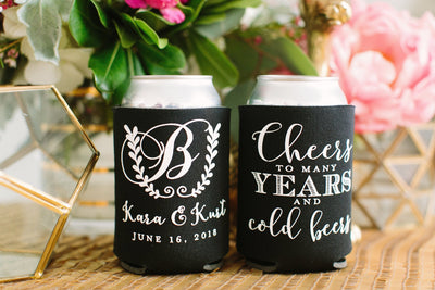 Cheers To Many Years Monogram Can Cooler Design #1660
