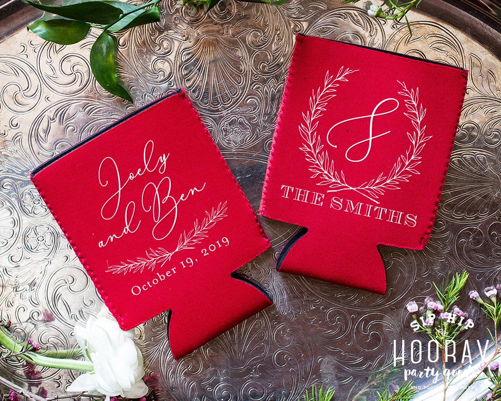 Neoprene Floral Wreath Monogram Wedding Can Coolers #1962