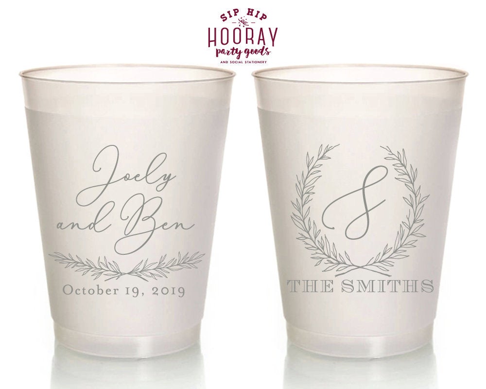 Beach Frosted Wedding Cups, Modern Wedding Cups, Fancy Elegant Script,  Tropical Wedding Cups, Plastic Cups, 16oz Frosted Cups 