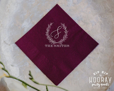 Floral Wreath Monogram Beverage Napkins #1962