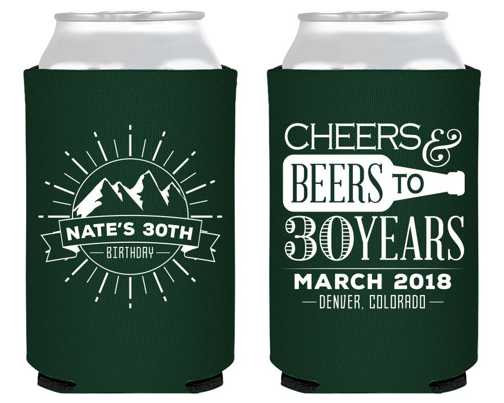 Custom Cheers and Beers Birthday Can Coolers