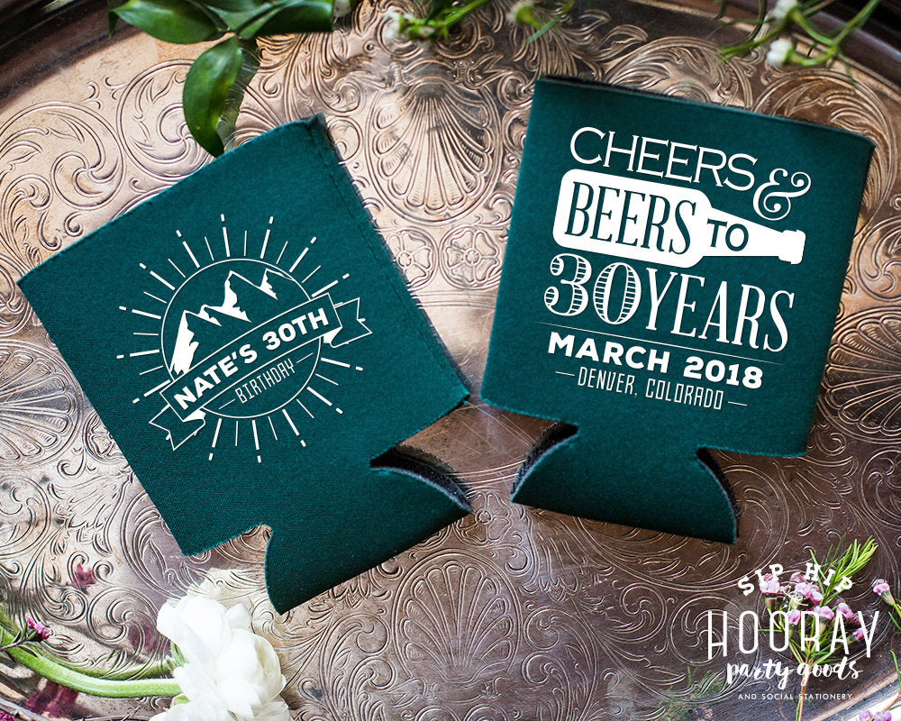 Personalized Cheers and Beers Birthday Koozies or Neoprene Can Coolers