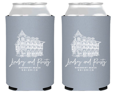 Custom Wedding Venue Drawing Can Coolers