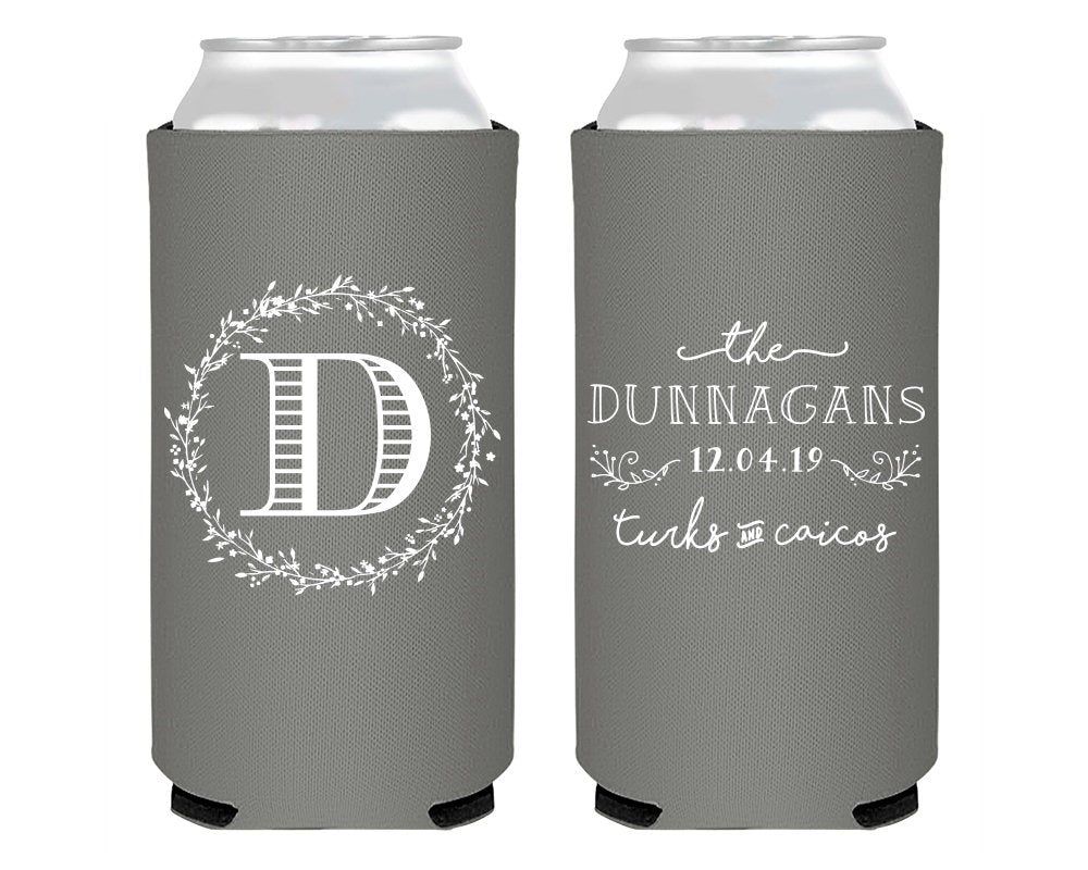 Monogrammed Wedding Wreath Foam Slim Can Cooler  #1914