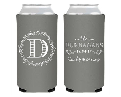 Monogrammed Wedding Wreath Foam Slim Can Cooler  #1914