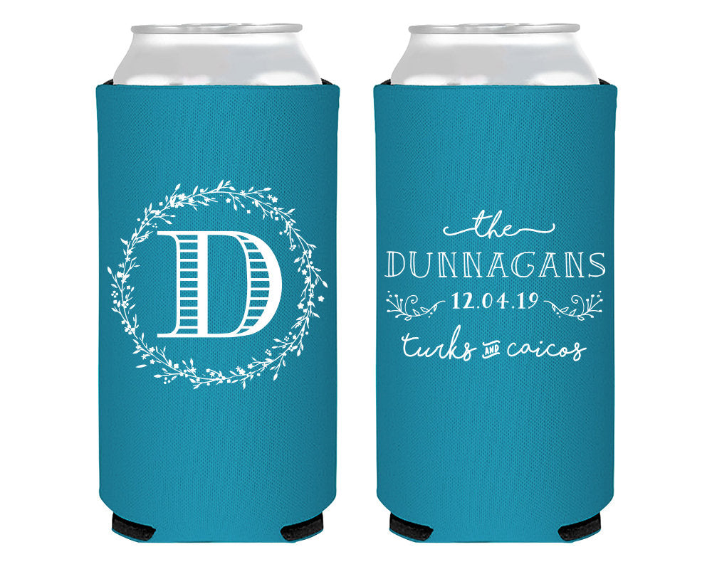 Monogrammed Wedding Wreath Foam Slim Can Cooler  #1914
