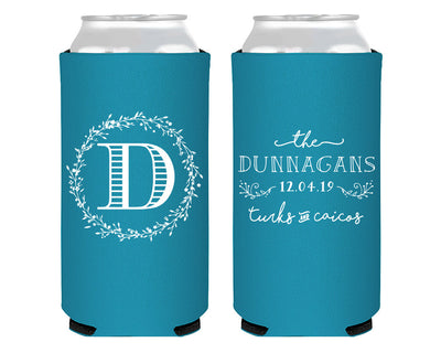 Monogrammed Wedding Wreath Foam Slim Can Cooler  #1914