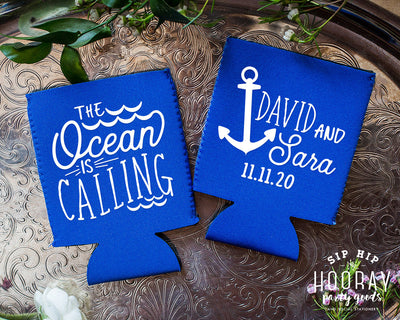 The Ocean Is Calling Custom Neoprene Wedding Can Coolers #2041
