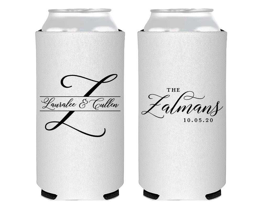 Last Name Initial Wedding Foam Slim Can Cooler Design #2116