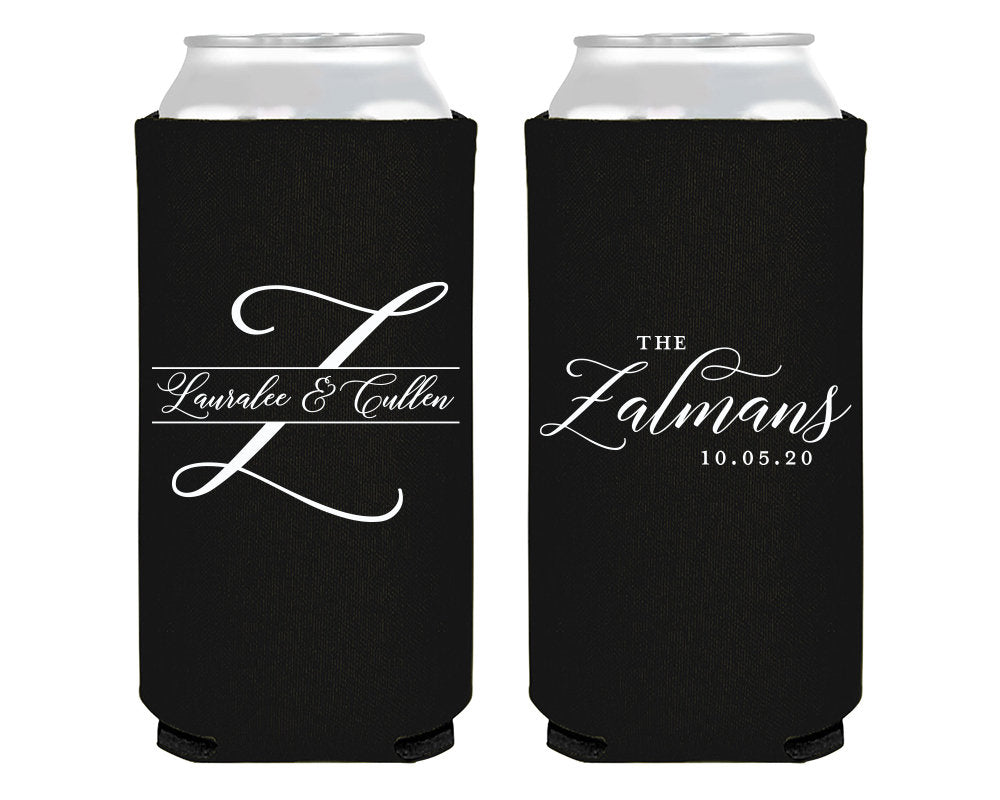 Last Name Initial Wedding Foam Slim Can Cooler Design #2116