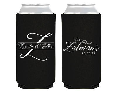 Last Name Initial Wedding Foam Slim Can Cooler Design #2116