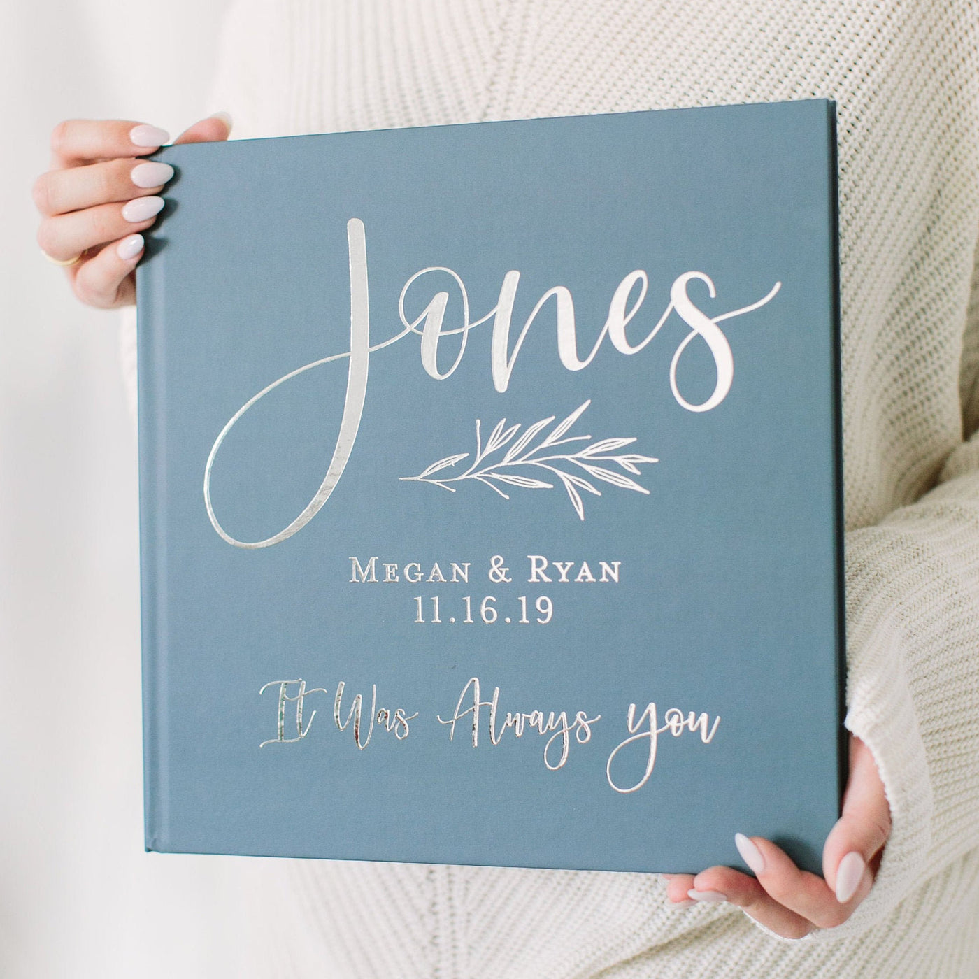 Blue Ombre Guest Book, Silver Foil, Brush Strokes, Personalized Wedding Guest Book, Gift For The Couple, Hardcover Custom Event Sign In Book