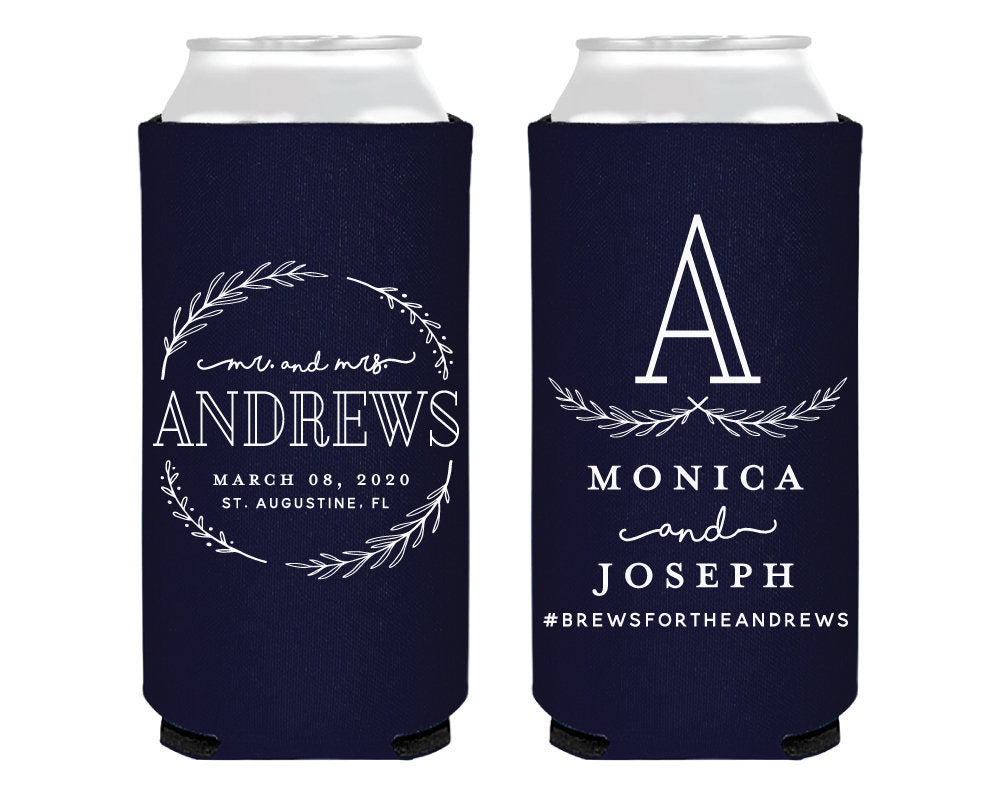 Wedding Greenery Monogram Foam Slim Can Cooler Design #2133