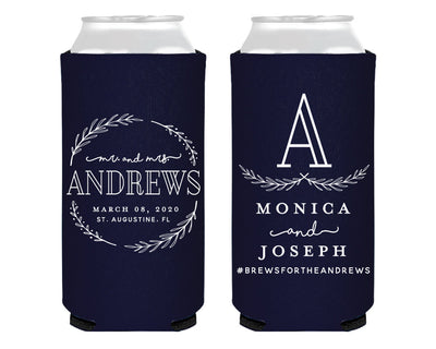 Wedding Greenery Monogram Foam Slim Can Cooler Design #2133