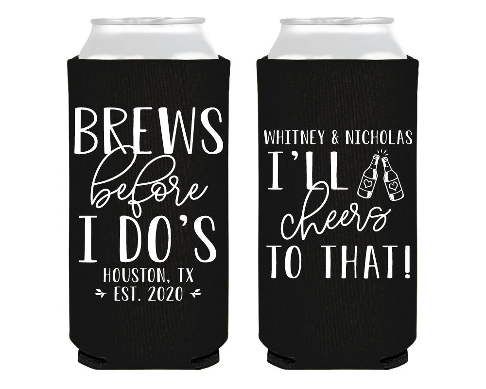 Brews Before I Do's Personalized Engagement Party Foam Slim Can Design #0115