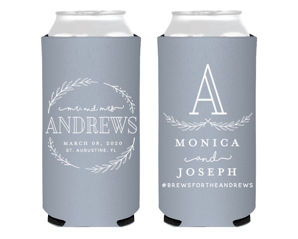 Wedding Greenery Monogram Foam Slim Can Cooler Design #2133