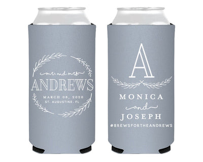 Wedding Greenery Monogram Foam Slim Can Cooler Design #2133