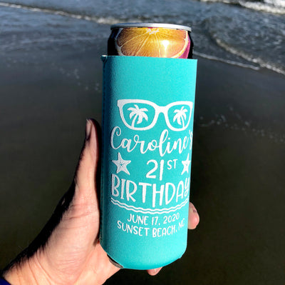 21st Birthday Beach Bash Neoprene Slim Can Cooler
