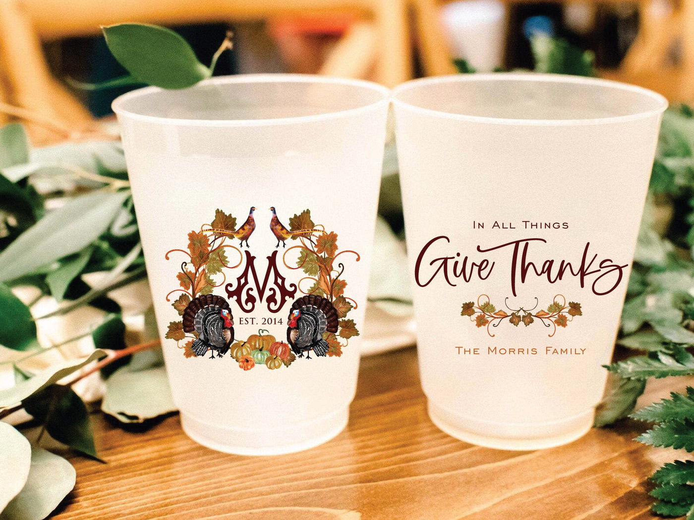 In All Things Give Thanks Family 16oz Frosted Full Color Printed Shatterproof Thanksgiving Cups