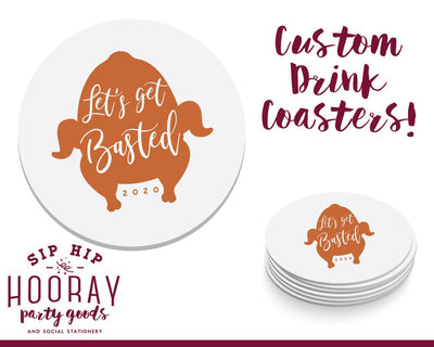 Let's Get Basted Personalized Friendsgiving Thanksgiving Round Drink Coasters