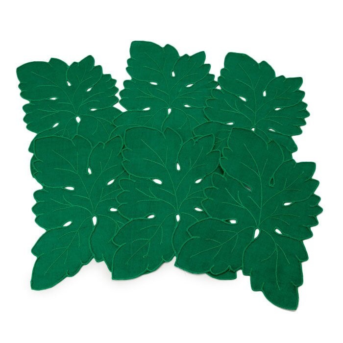 Green Leaf Embroidered Cocktail Napkins, 100% Linen