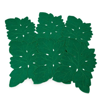 Green Leaf Embroidered Cocktail Napkins, 100% Linen