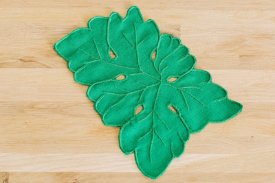 Green Leaf Embroidered Cocktail Napkins, 100% Linen