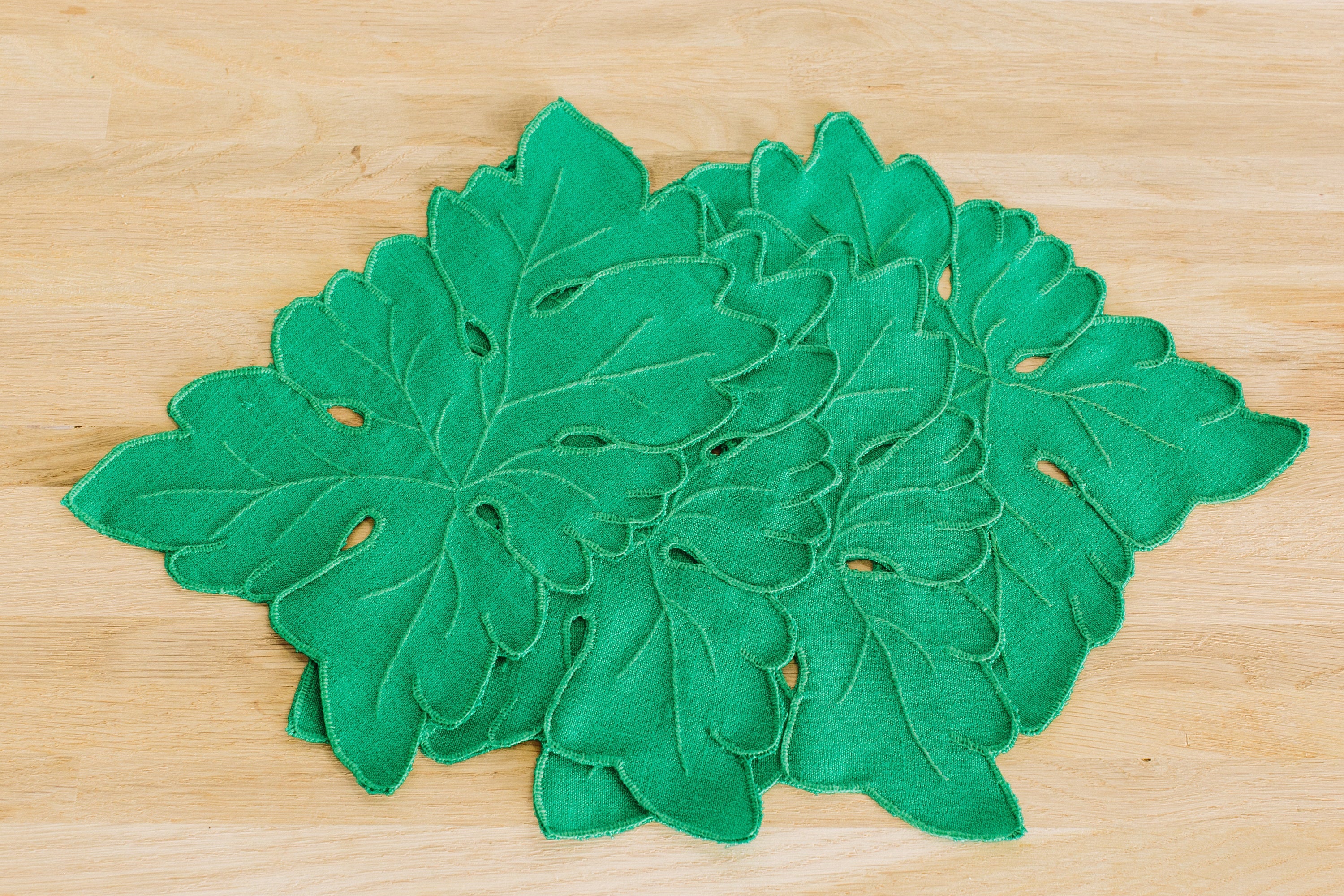 Green Leaf Embroidered Cocktail Napkins, 100% Linen