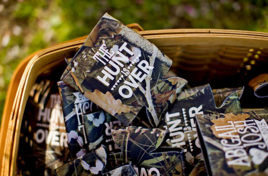 Rustic Wedding The Hunt is Over Camo Can Cooler Design