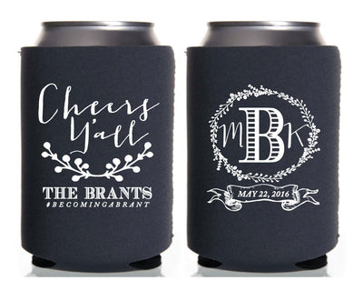 Cheers Y'all Wedding Monogram Can Cooler Design #1024