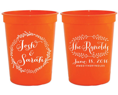 Floral Wreath Last Name Wedding Stadium Cups #1081